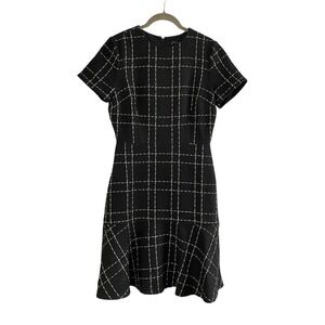 Ann Taylor Black Plaid Tweed Sheath Dress Short Sleeve Knee Length Size 4